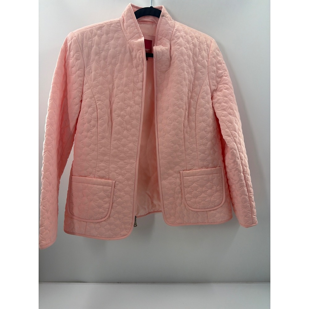 Esprit Pink Quilted Floral Stitch Zip Front Mock Neck Jacket Womens Large